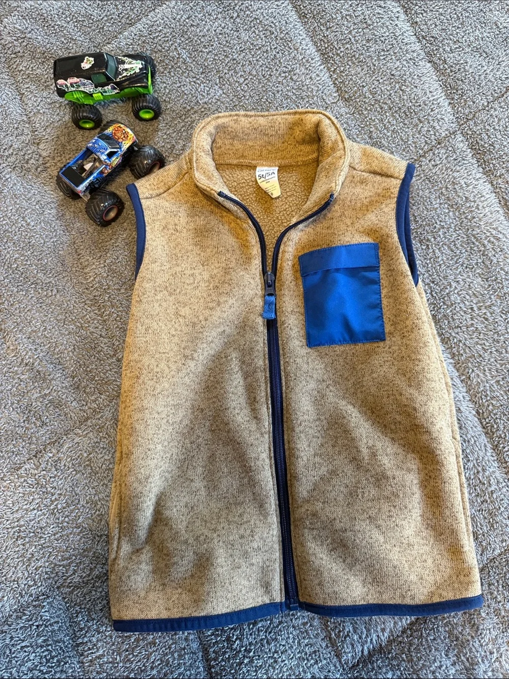 Carter's Tan Fleece Vest with Blue Trim and Pocket